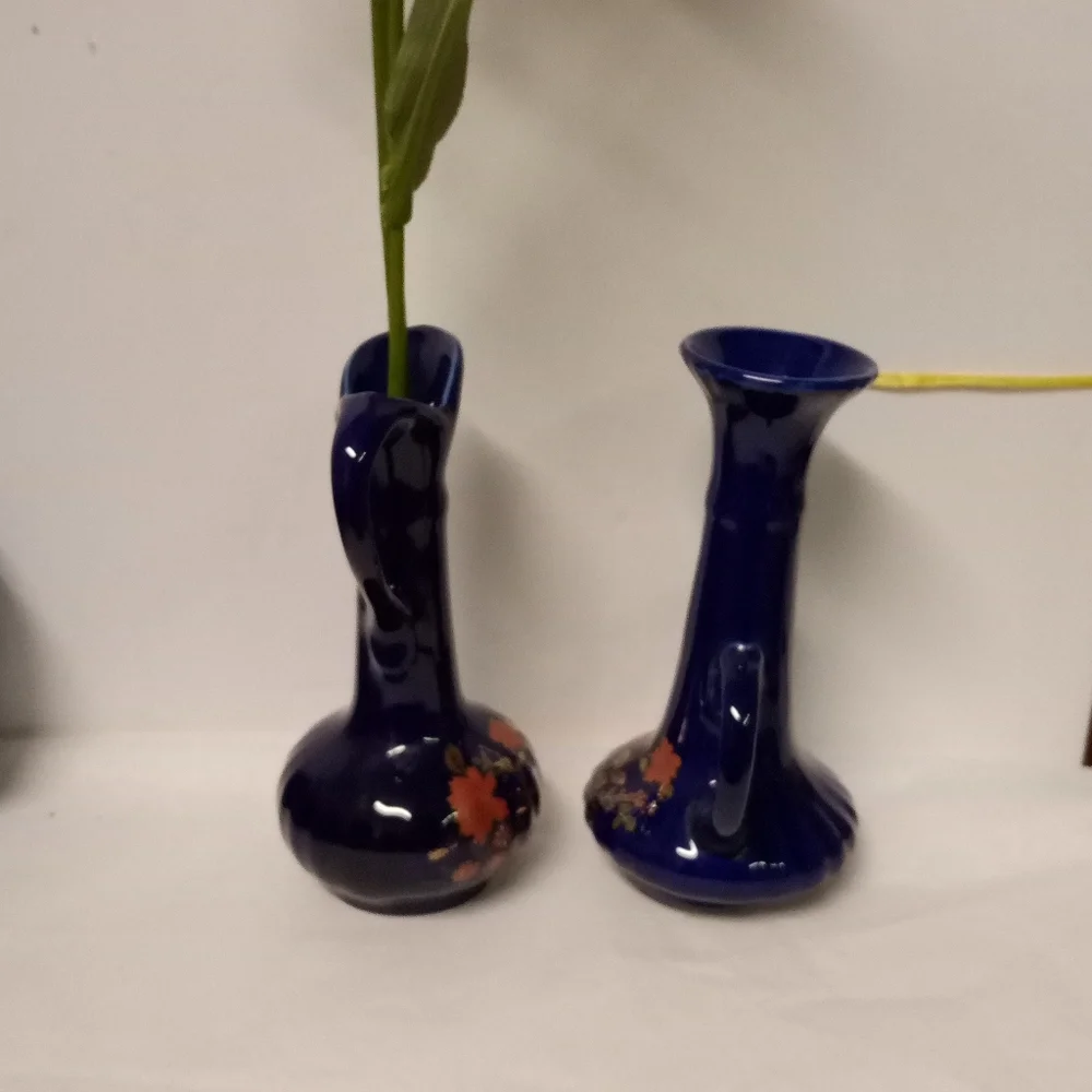 Vintage Cobalt Blue Pitcher Budding Vase Mini C-Handles Floral Pattern 5